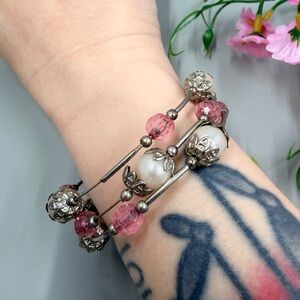 Handmade Vintage Pearl and Silver Beaded Wrap Bracelet